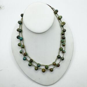 Green blue turquoise Stone Bead woven Bohemian Necklace Sterling Silver Closure